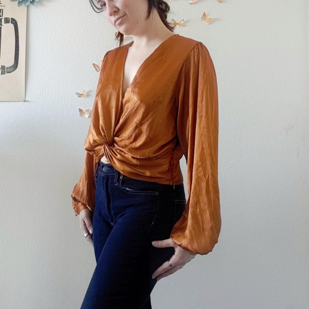 Silky Orange Blouse with Knot